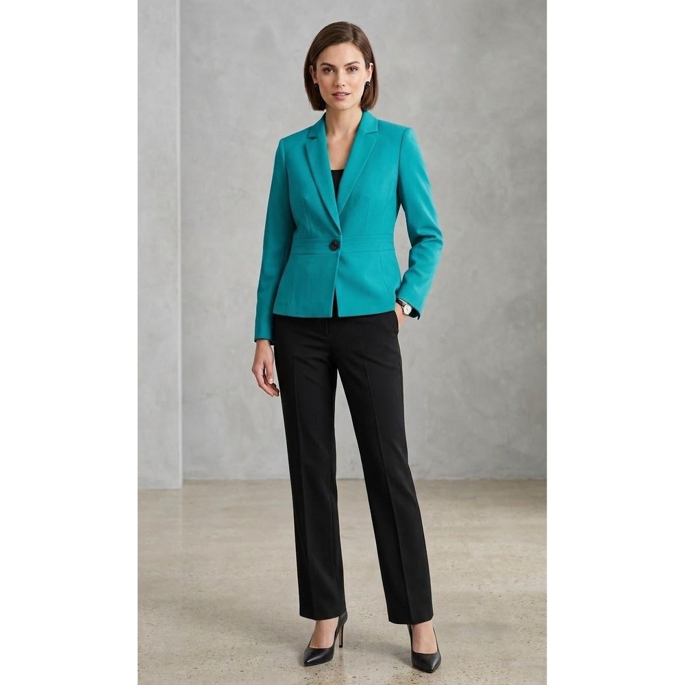 Le Suit Pant Suit Women 8 Teal Black Single Button Blazer Straight Leg Trousers